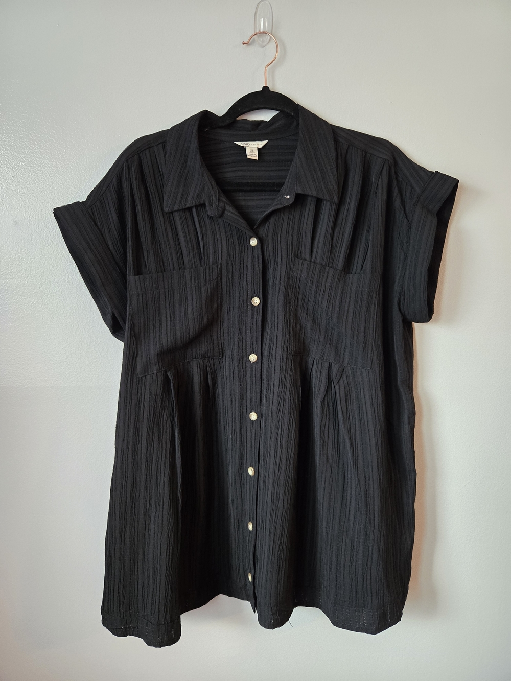 Cato Black Textured Babydoll Blouse Short Sleeve Button Up Peplum Top Size XL